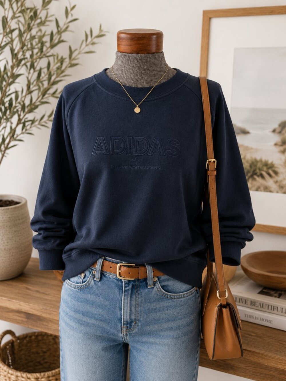 Adidas Navy Tonal Embroidered Logo Crewneck Sweatshirt Women's Small NWOT